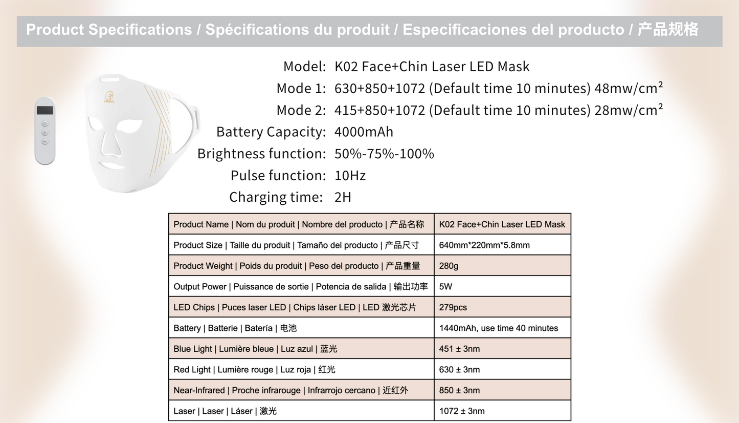 K02 Face+Chin Laser LED Mask (415nm, 633nm, 850nm, 1072nm)