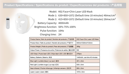 K02 Face+Chin Laser LED Mask (415nm, 633nm, 850nm, 1072nm)